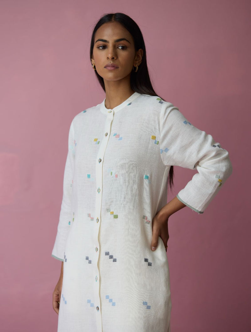 Miel Hand-Embroidered Jamdani Linen Kurta Set - Ivory all linen by Manan in ivory color for women Worldwide