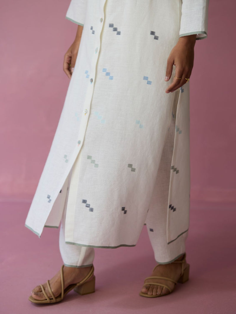 Miel Hand-Embroidered Jamdani Linen Kurta Set - Ivory all linen by Manan in ivory color for women Worldwide