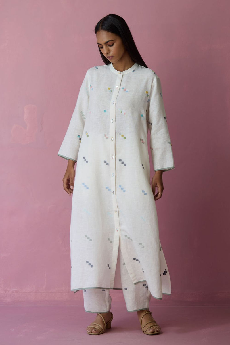 Miel Hand-Embroidered Jamdani Linen Kurta Set - Ivory all linen by Manan in ivory color for women Worldwide
