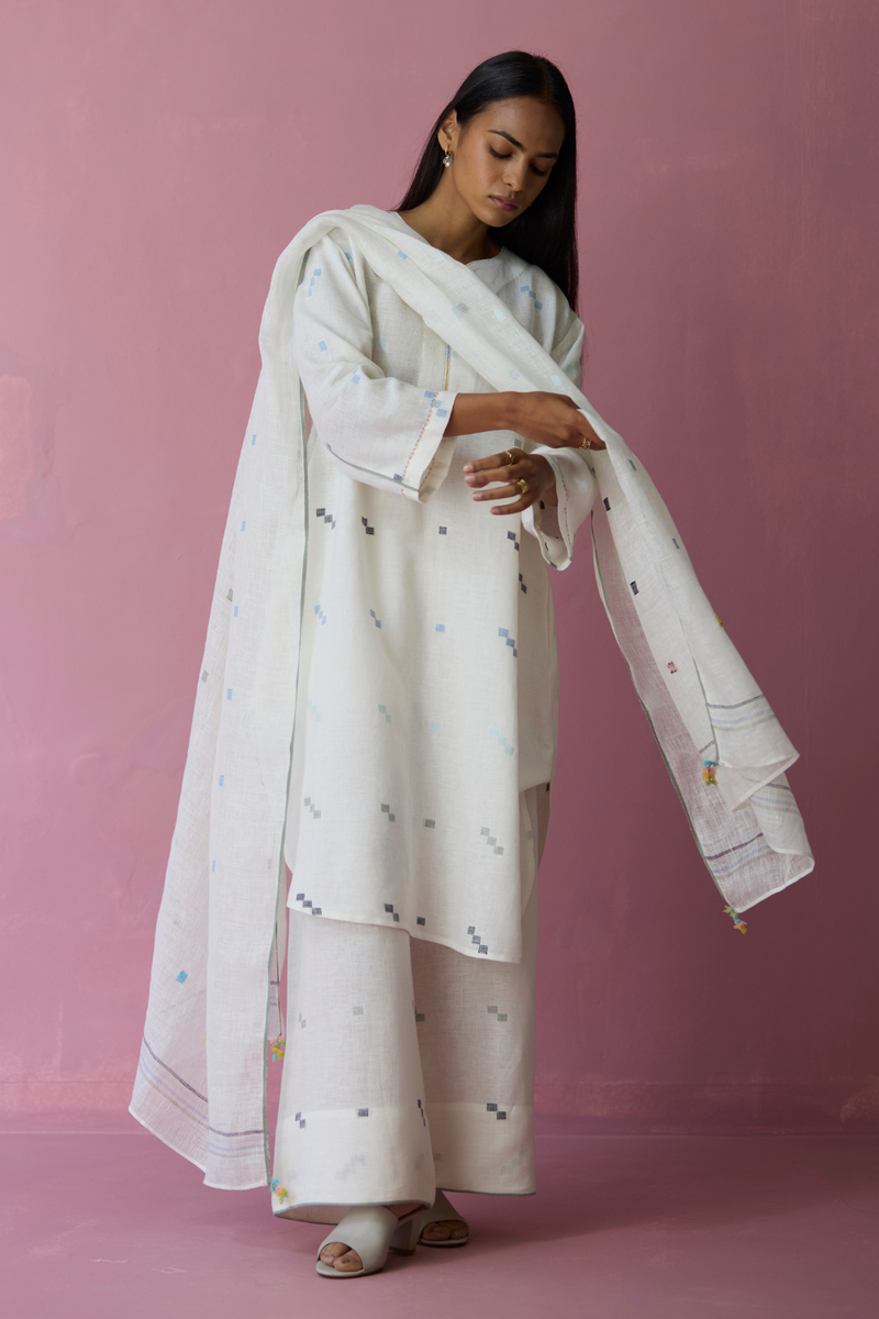 Ikara Jamdani Linen Kurta Set - Ivory all linen by Manan in ivory color for women Worldwide