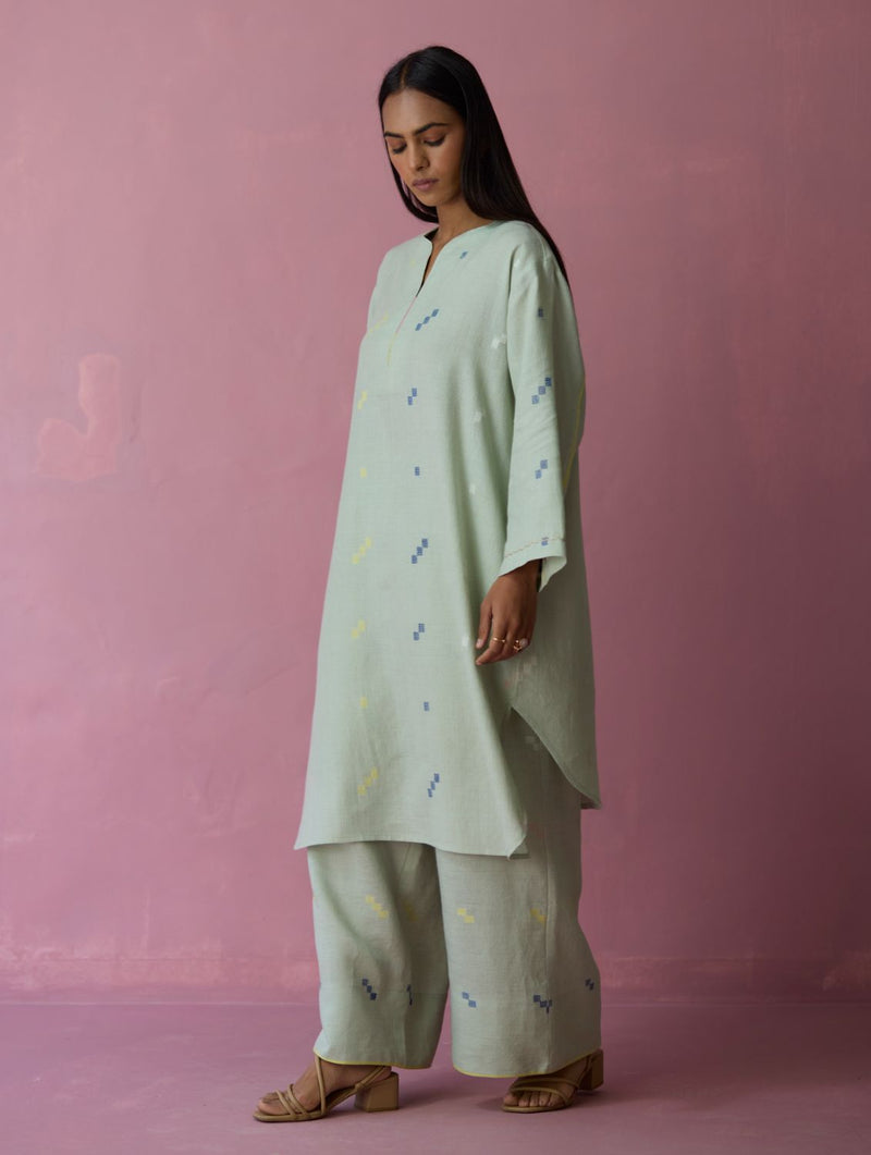 Ikara Jamdani Linen Kurta Set - Aqua all linen by Manan for women Worldwide