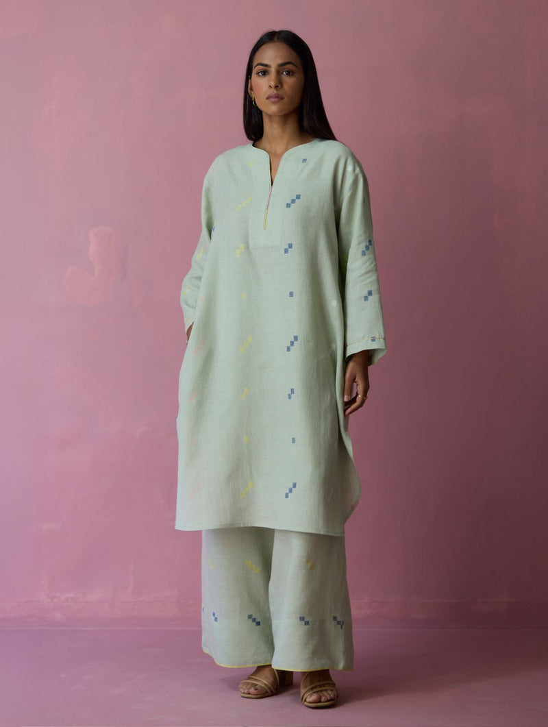 Ikara Jamdani Linen Kurta Set - Aqua all linen by Manan for women Worldwide
