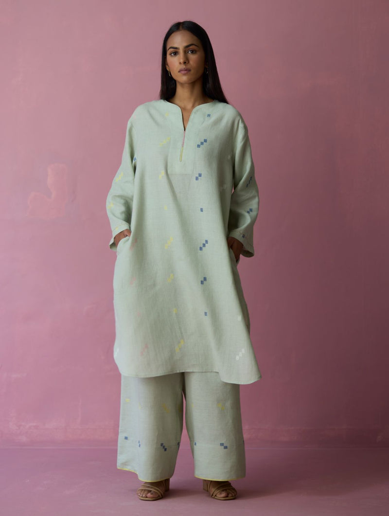 Ikara Jamdani Linen Kurta Set - Aqua all linen by Manan for women Worldwide