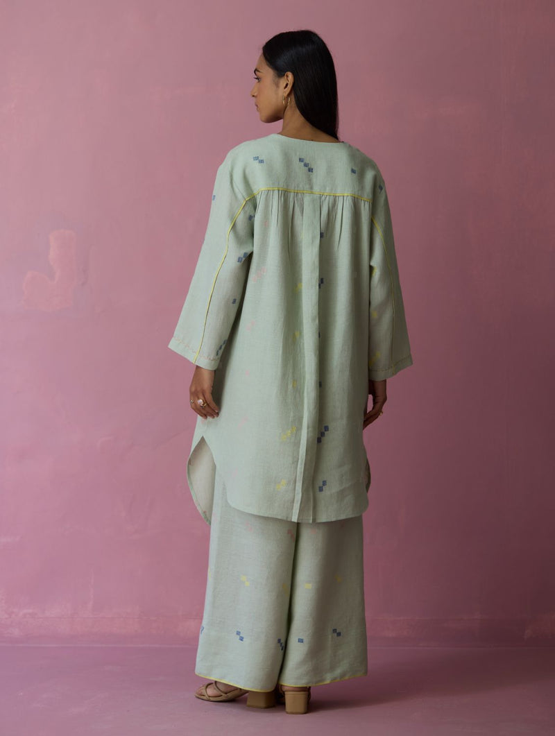Ikara Jamdani Linen Kurta Set - Aqua all linen by Manan for women Worldwide