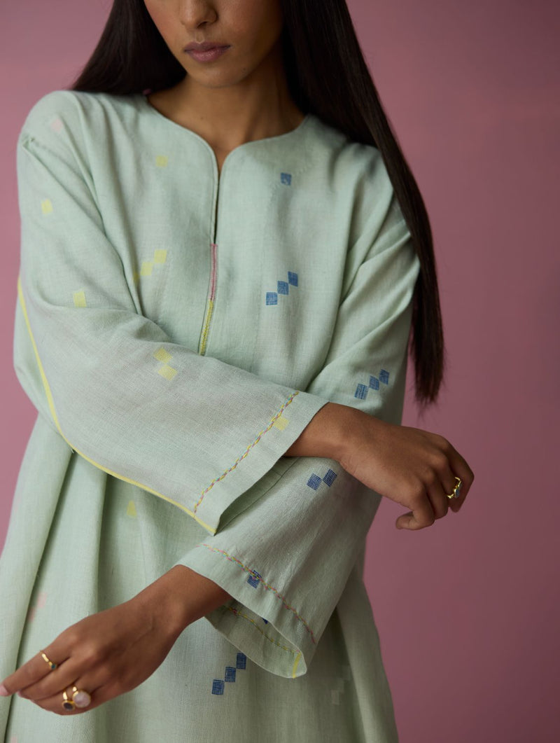 Ikara Jamdani Linen Kurta Set - Aqua all linen by Manan for women Worldwide