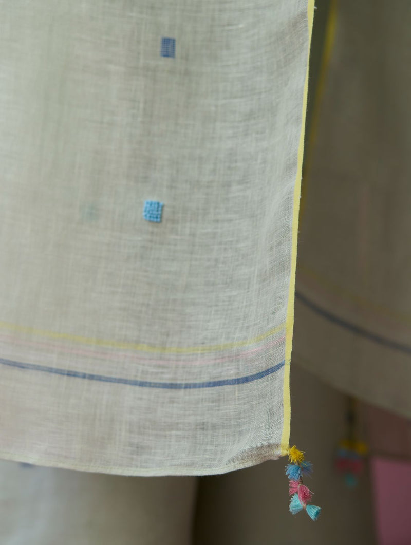 Ikara Jamdani Linen Kurta Set - Aqua all linen by Manan for women Worldwide