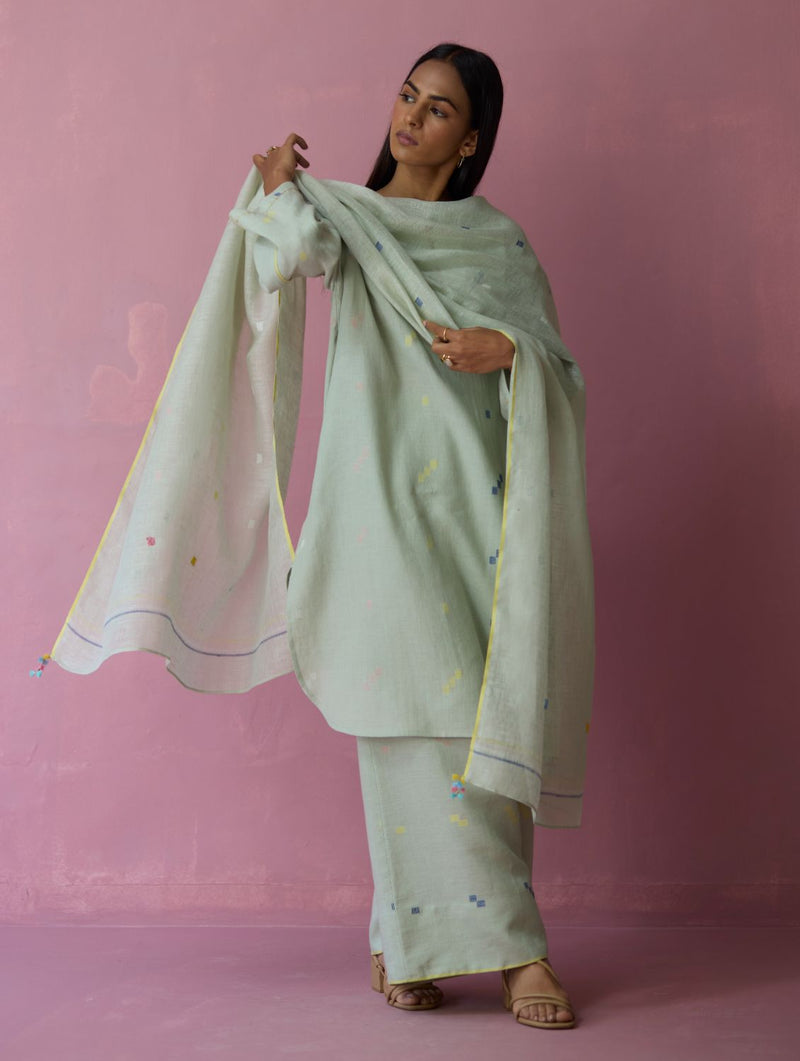 Ikara Jamdani Linen Kurta Set - Aqua all linen by Manan for women Worldwide