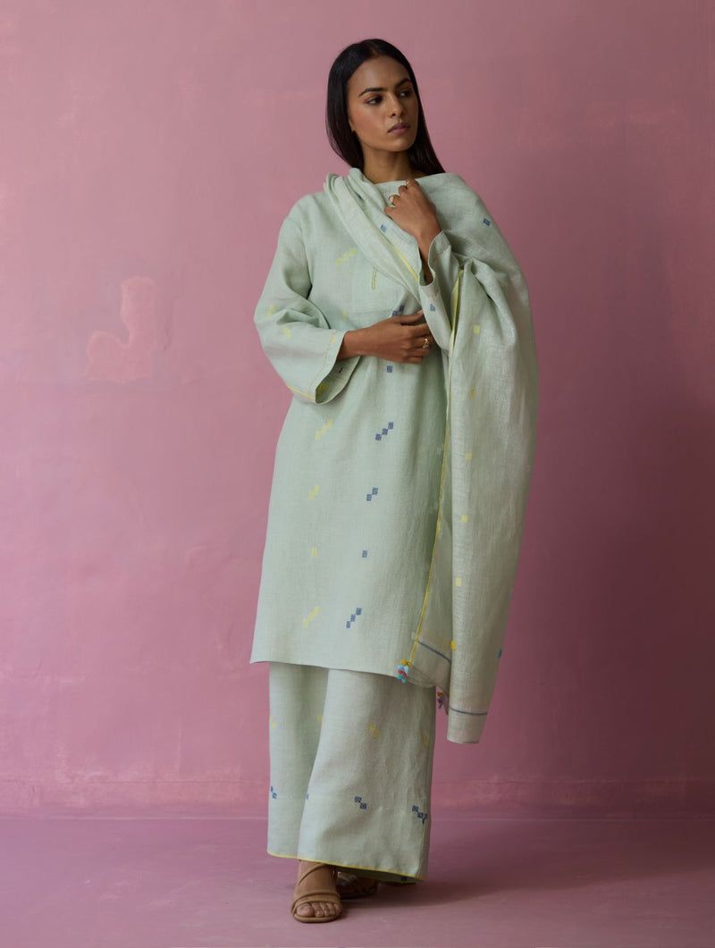 Ikara Jamdani Linen Kurta Set - Aqua all linen by Manan for women Worldwide