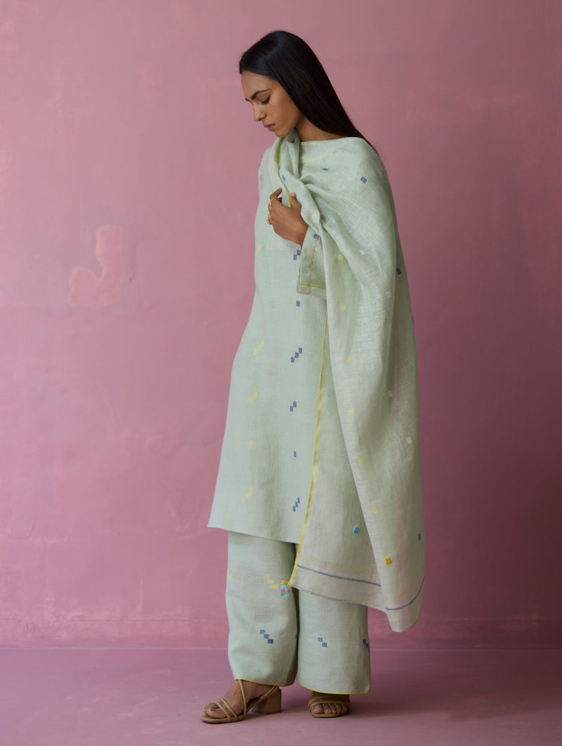 Ikara Jamdani Linen Kurta Set - Aqua all linen by Manan for women Worldwide