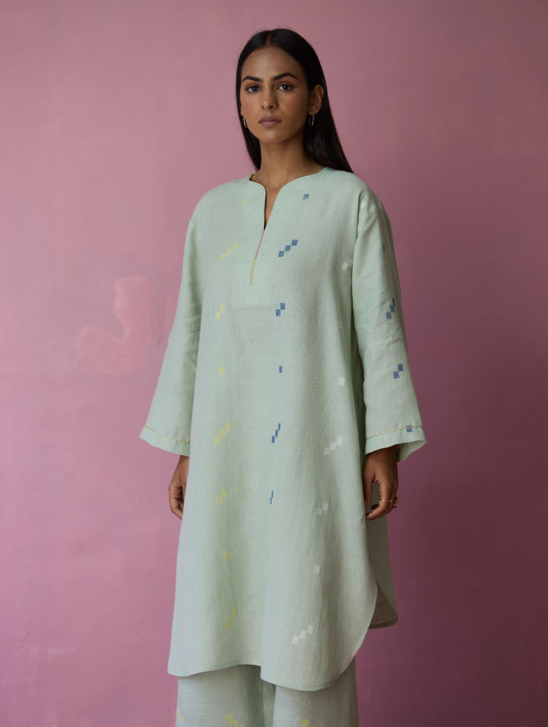 Ikara Jamdani Linen Kurta Set - Aqua all linen by Manan for women Worldwide