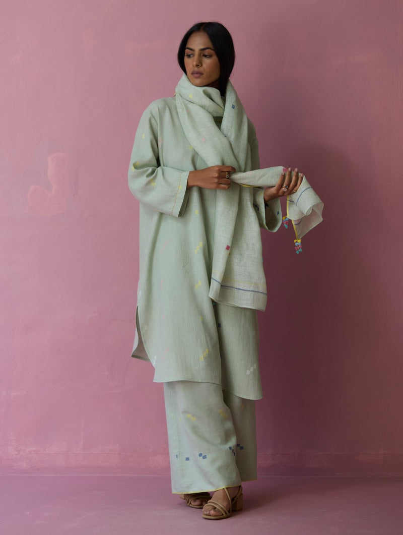 Ikara Jamdani Linen Kurta Set - Aqua all linen by Manan for women Worldwide
