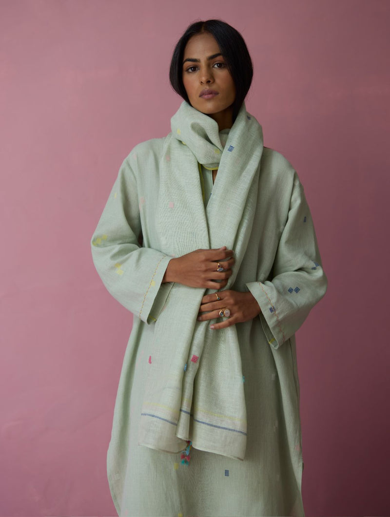 Ikara Jamdani Linen Kurta Set - Aqua all linen by Manan for women Worldwide