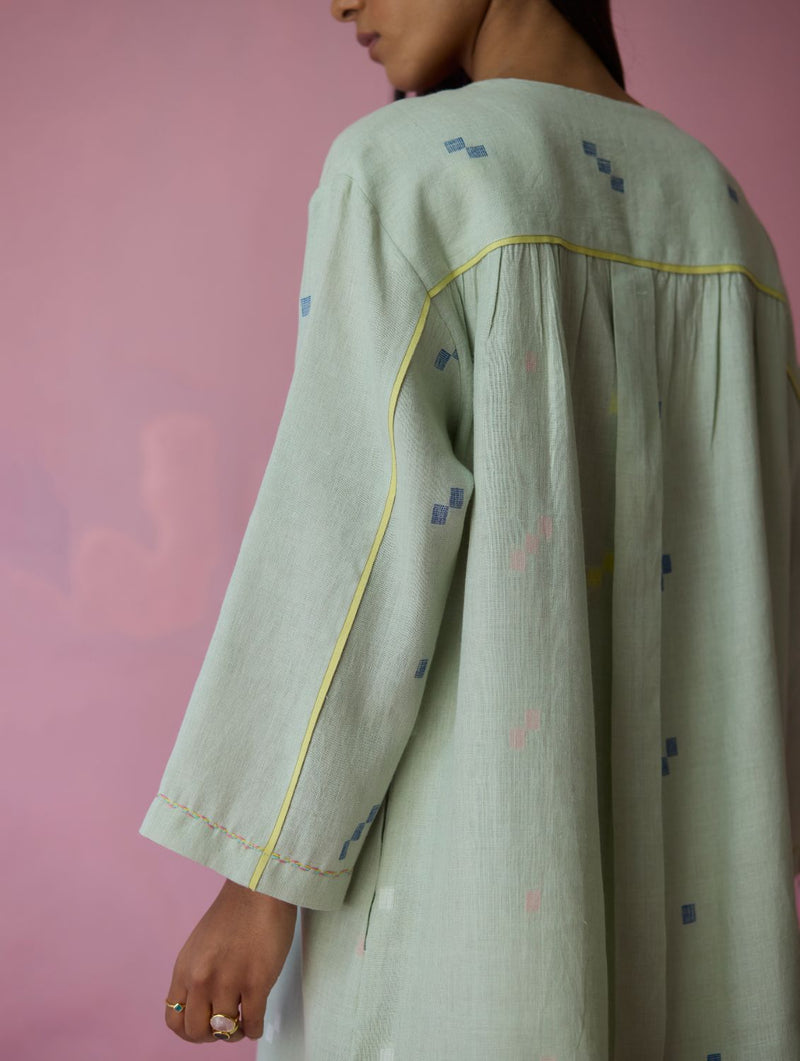 Ikara Jamdani Linen Kurta Set - Aqua all linen by Manan for women Worldwide