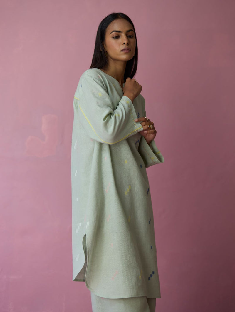 Ikara Jamdani Linen Kurta Set - Aqua all linen by Manan for women Worldwide