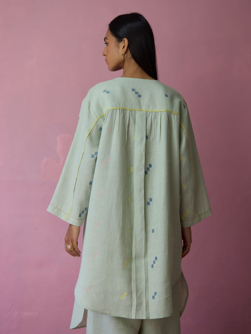 Ikara Jamdani Linen Kurta Set - Aqua all linen by Manan for women Worldwide