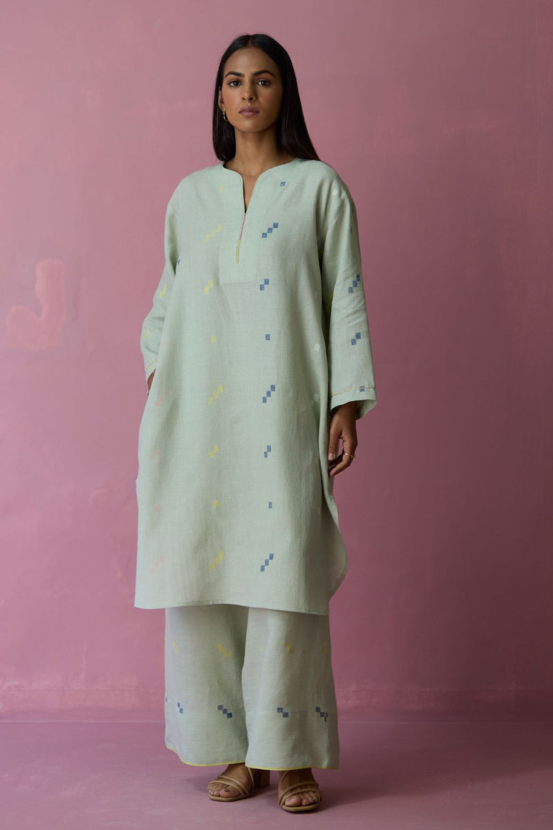 Ikara Jamdani Linen Kurta Set - Aqua all linen by Manan for women Worldwide