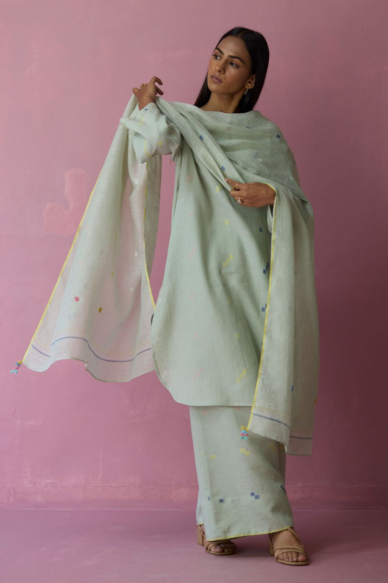 Ikara Jamdani Linen Kurta Set - Aqua all linen by Manan for women Worldwide