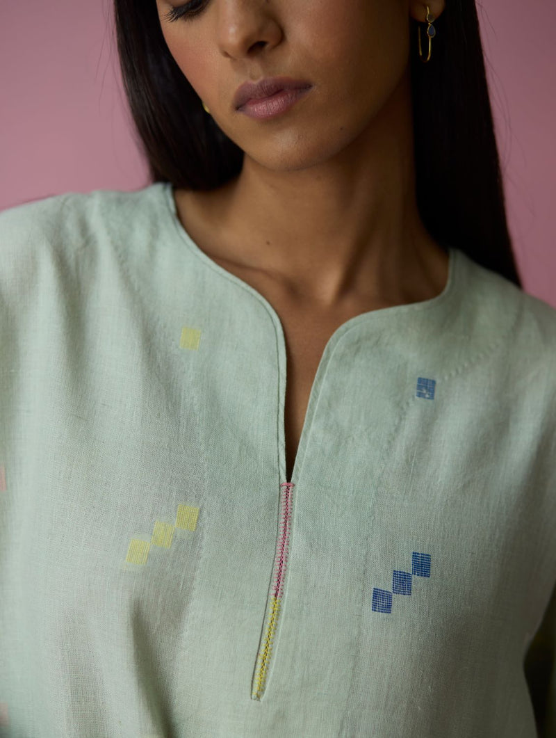 Ikara Jamdani Linen Kurta Set - Aqua all linen by Manan for women Worldwide