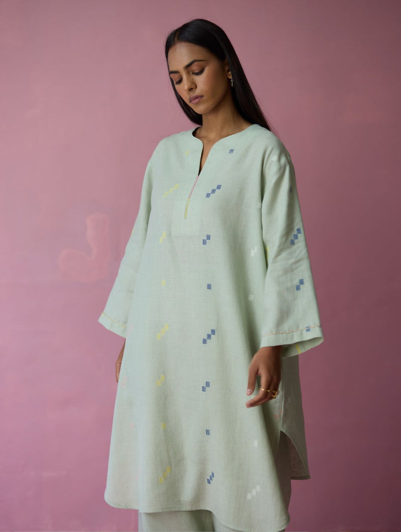 Ikara Jamdani Linen Kurta Set - Aqua all linen by Manan for women Worldwide