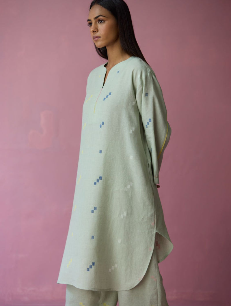 Ikara Jamdani Linen Kurta Set - Aqua all linen by Manan for women Worldwide