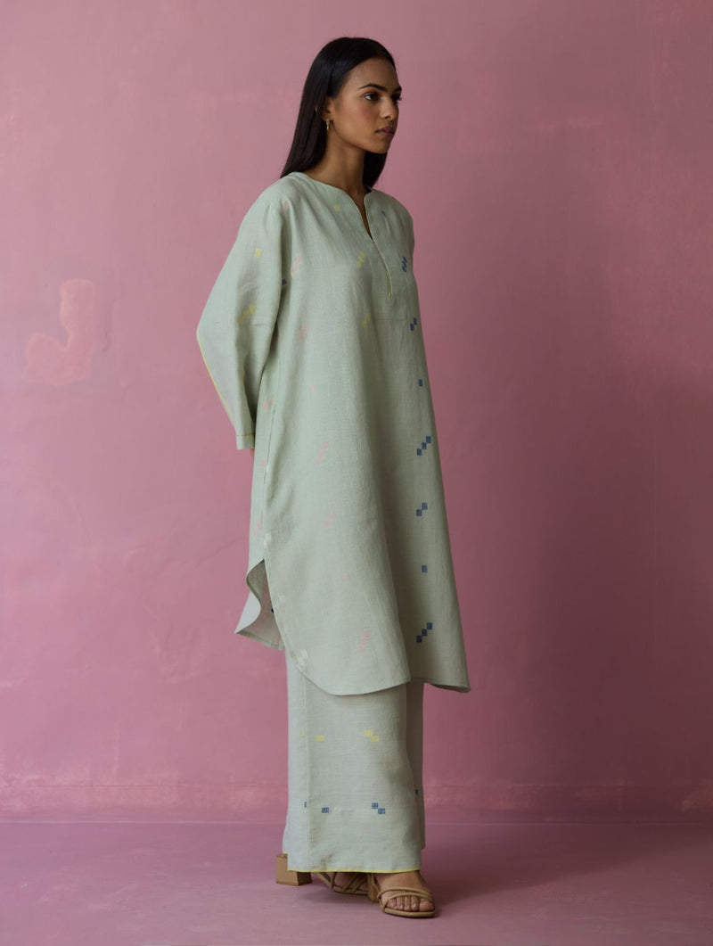 Ikara Jamdani Linen Kurta Set - Aqua all linen by Manan for women Worldwide