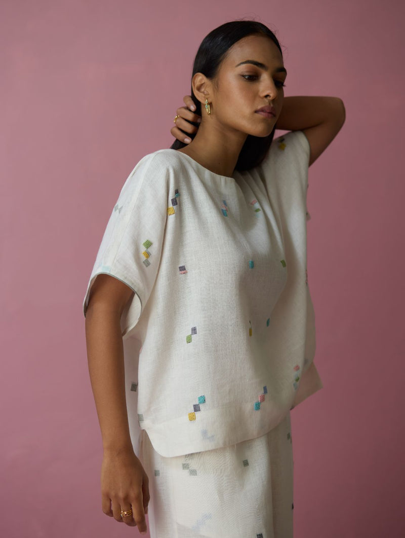 Kanni Hand-Embroidered Jamdani Linen Top - Ivory all linen by Manan in ivory color for women Worldwide