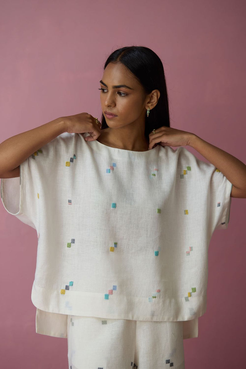 Kanni Hand-Embroidered Jamdani Linen Top - Ivory all linen by Manan in ivory color for women Worldwide
