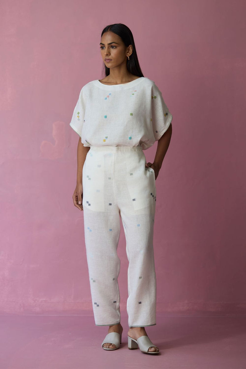 Kanni Hand-Embroidered Jamdani Linen Top - Ivory all linen by Manan in ivory color for women Worldwide