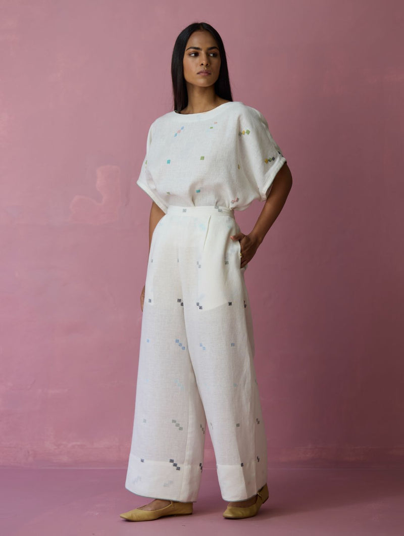 Kanni Hand-Embroidered Jamdani Linen Top - Ivory all linen by Manan in ivory color for women Worldwide