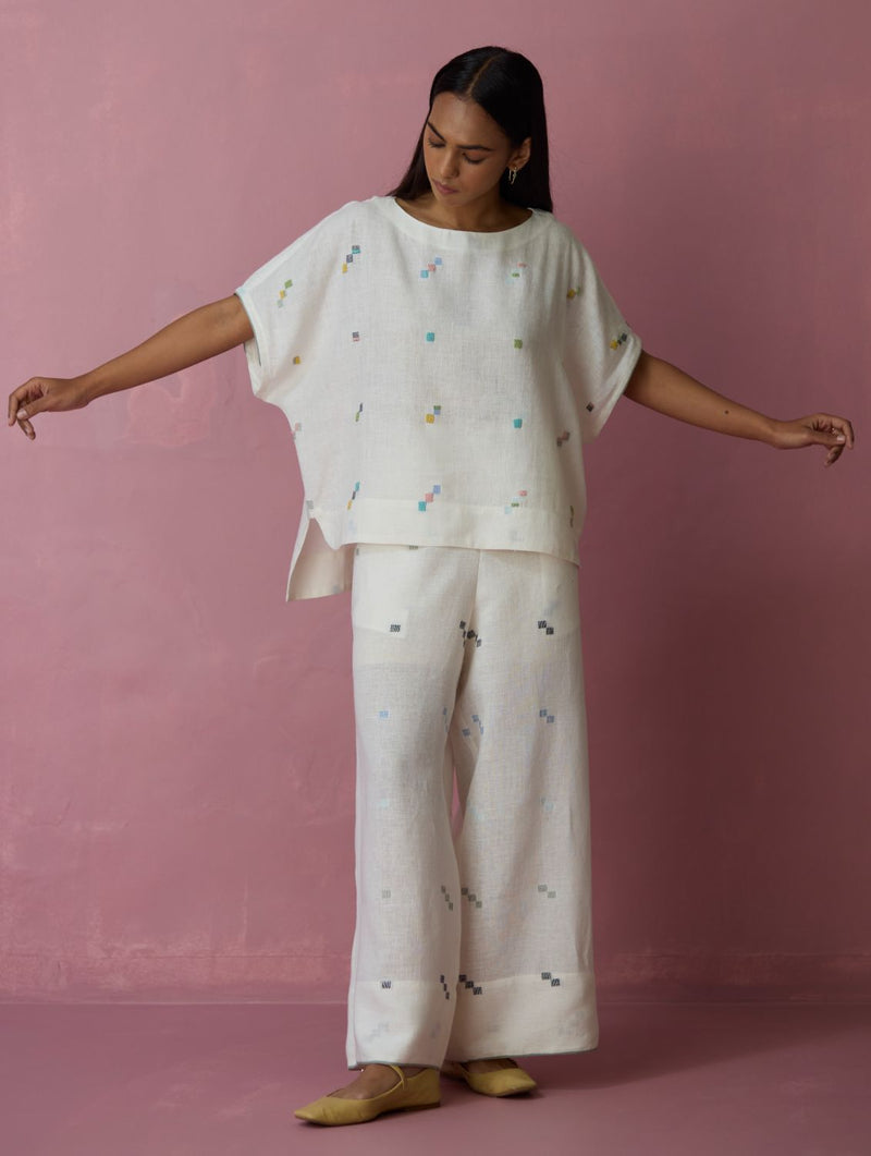 Kanni Hand-Embroidered Jamdani Linen Top - Ivory all linen by Manan in ivory color for women Worldwide