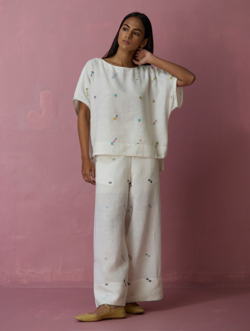 Kanni Hand-Embroidered Jamdani Co-ord Set - Ivory all linen by Manan in ivory color for women Worldwide