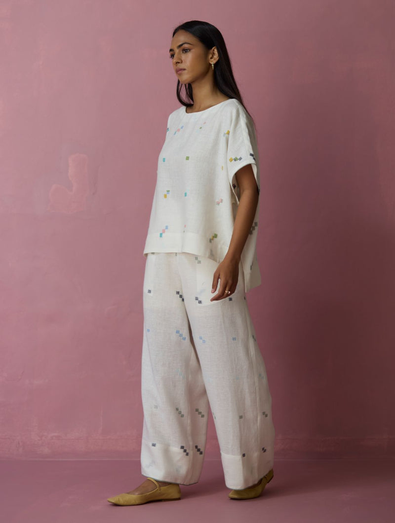 Kanni Hand-Embroidered Jamdani Linen Top - Ivory all linen by Manan in ivory color for women Worldwide