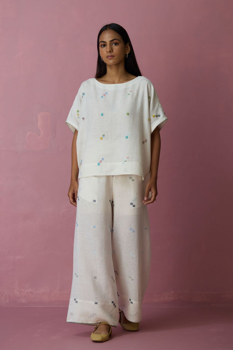 Kanni Hand-Embroidered Jamdani Co-ord Set - Ivory all linen by Manan in ivory color for women Worldwide