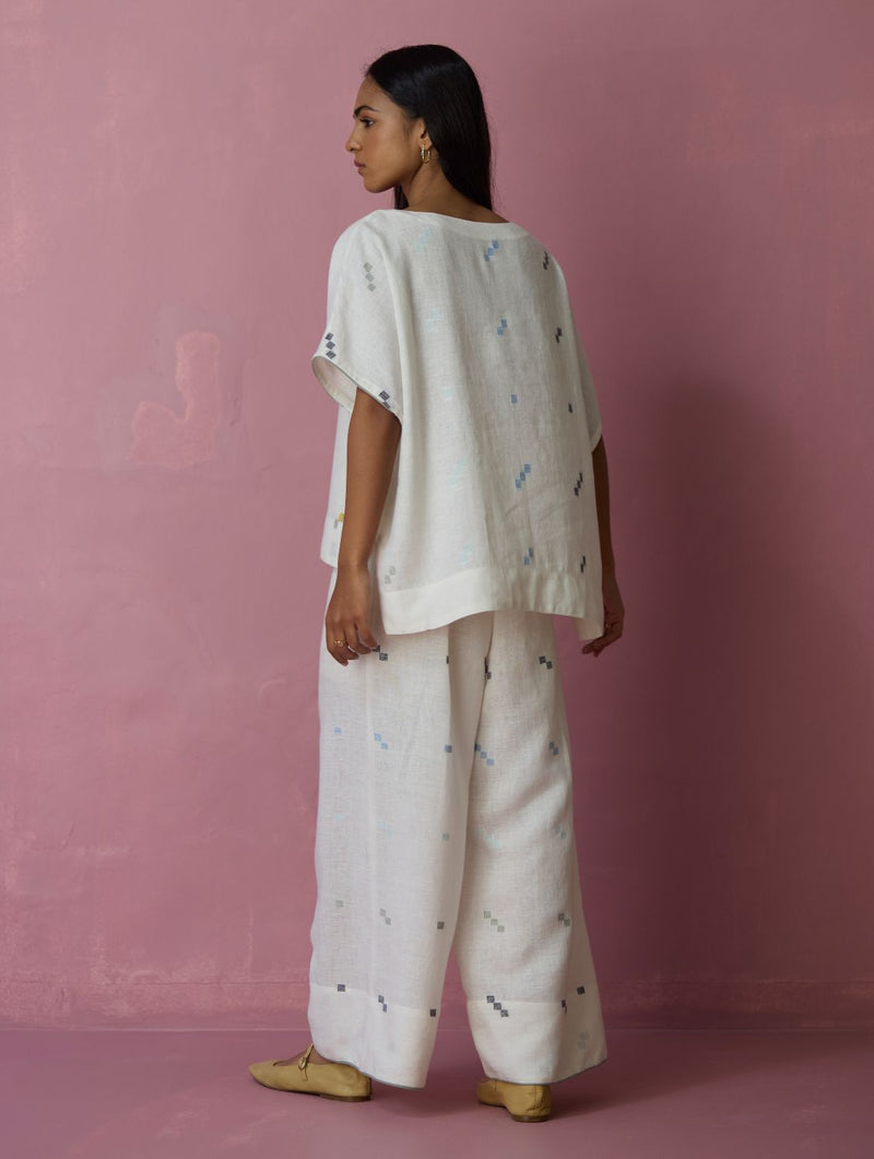 Kanni Hand-Embroidered Jamdani Co-ord Set - Ivory all linen by Manan in ivory color for women Worldwide