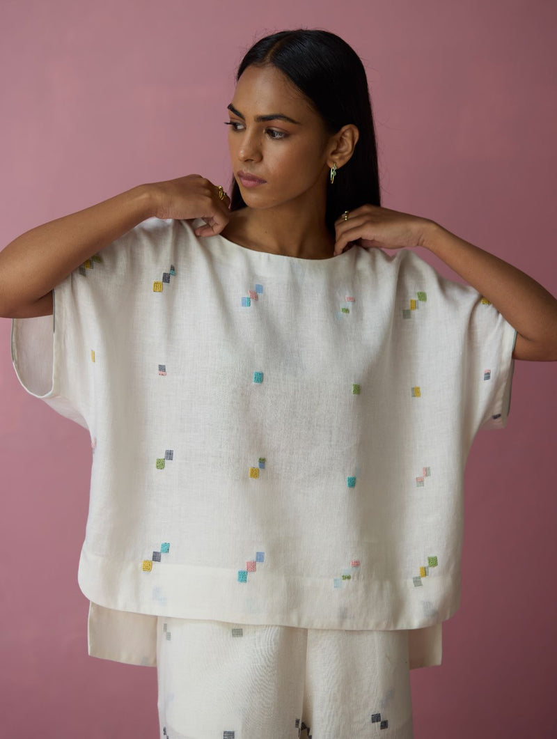 Kanni Hand-Embroidered Jamdani Linen Top - Ivory all linen by Manan in ivory color for women Worldwide