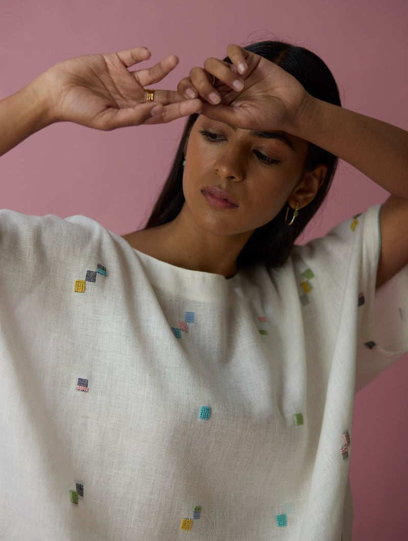 Kanni Hand-Embroidered Jamdani Linen Top - Ivory all linen by Manan in ivory color for women Worldwide