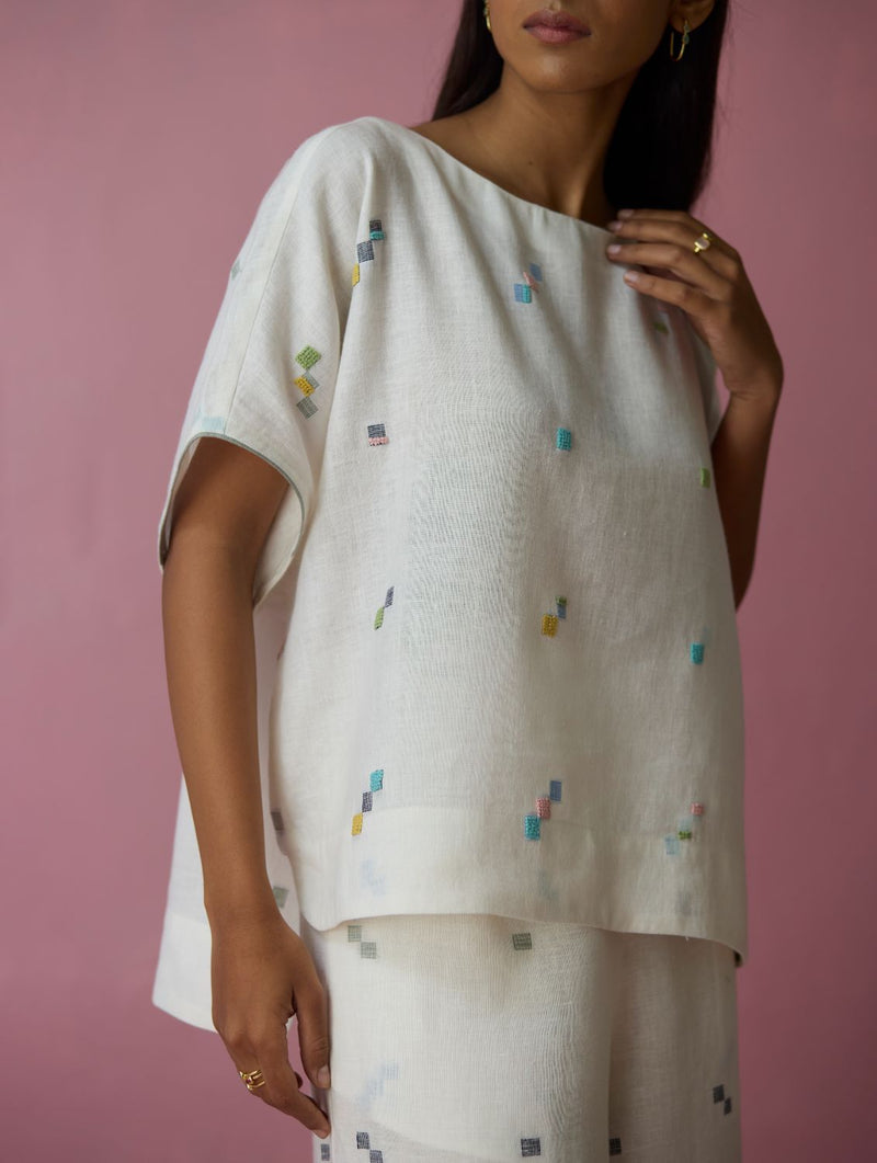 Kanni Hand-Embroidered Jamdani Linen Top - Ivory all linen by Manan in ivory color for women Worldwide