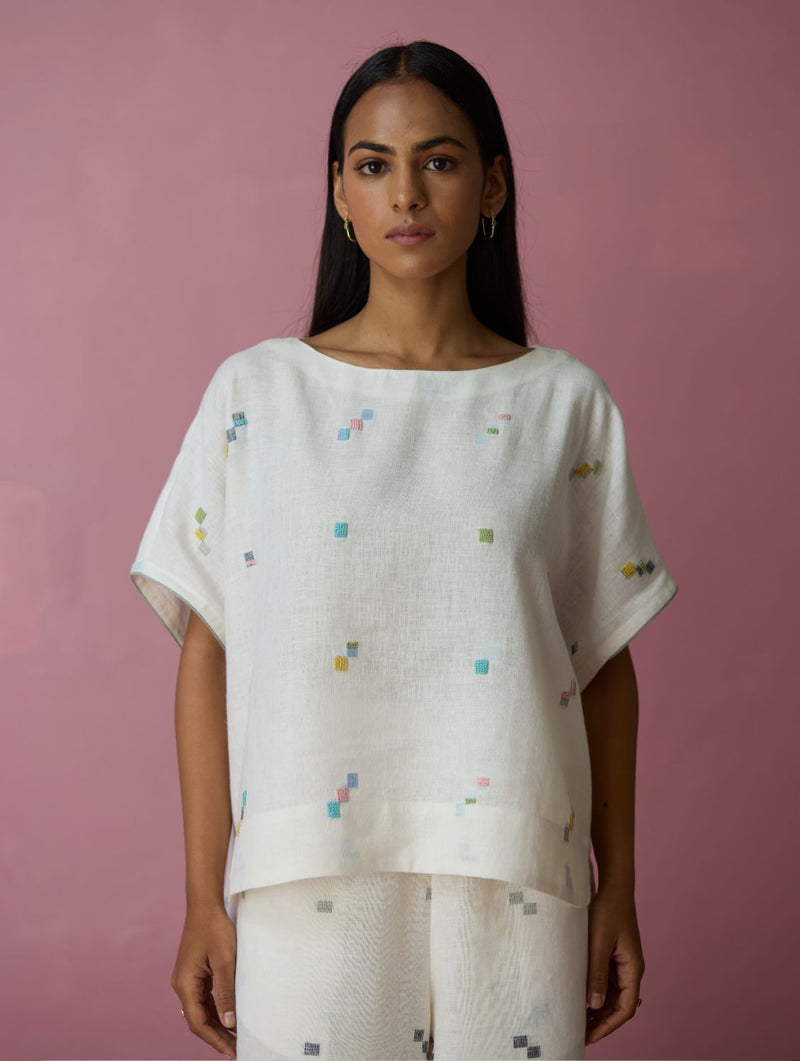 Kanni Hand-Embroidered Jamdani Linen Top - Ivory all linen by Manan in ivory color for women Worldwide