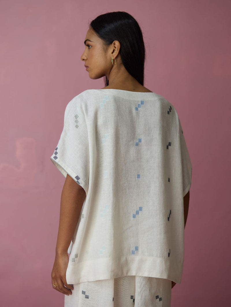 Kanni Hand-Embroidered Jamdani Linen Top - Ivory all linen by Manan in ivory color for women Worldwide