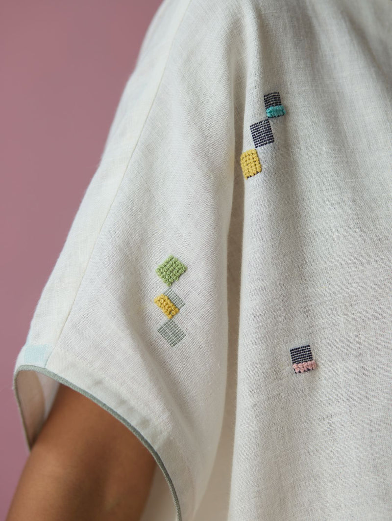 Kanni Hand-Embroidered Jamdani Linen Top - Ivory all linen by Manan in ivory color for women Worldwide