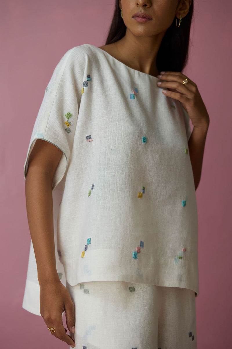 Kanni Hand-Embroidered Jamdani Linen Top - Ivory all linen by Manan in ivory color for women Worldwide