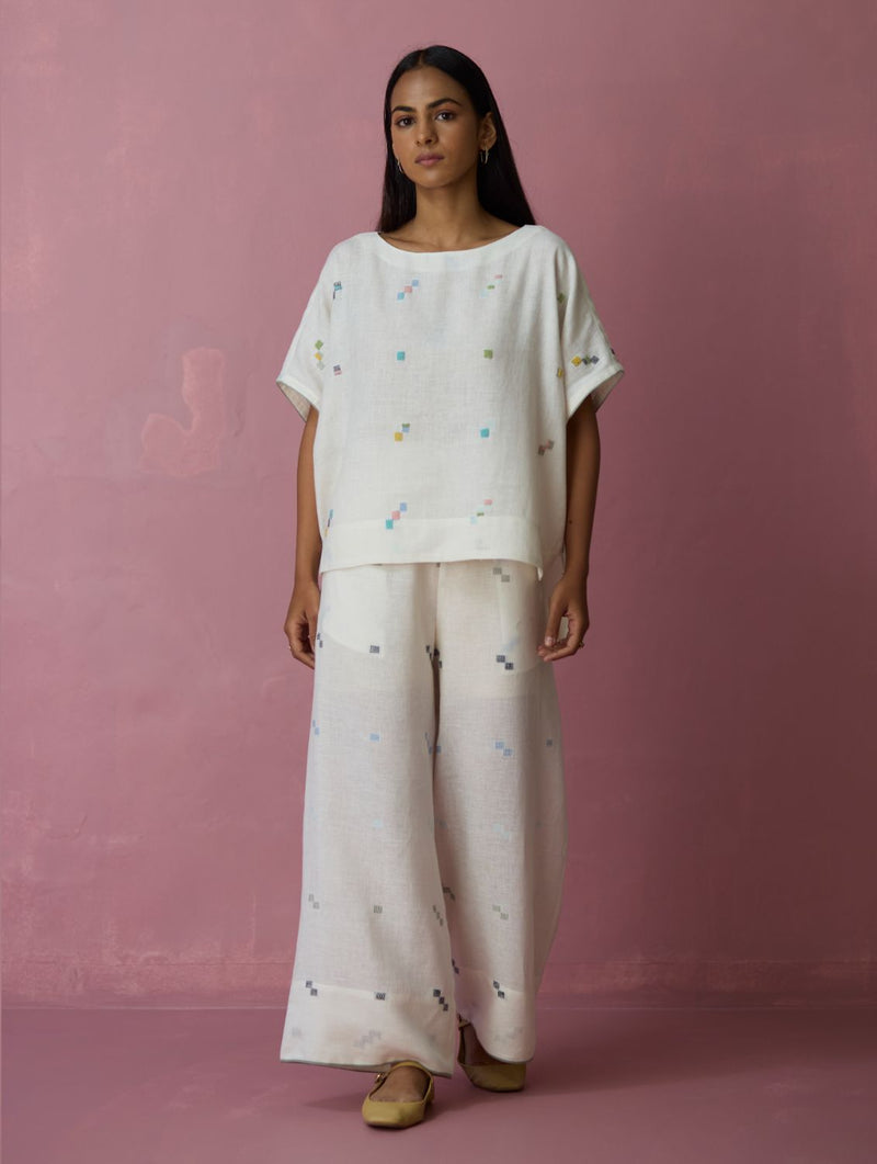 Kanni Hand-Embroidered Jamdani Linen Top - Ivory all linen by Manan in ivory color for women Worldwide
