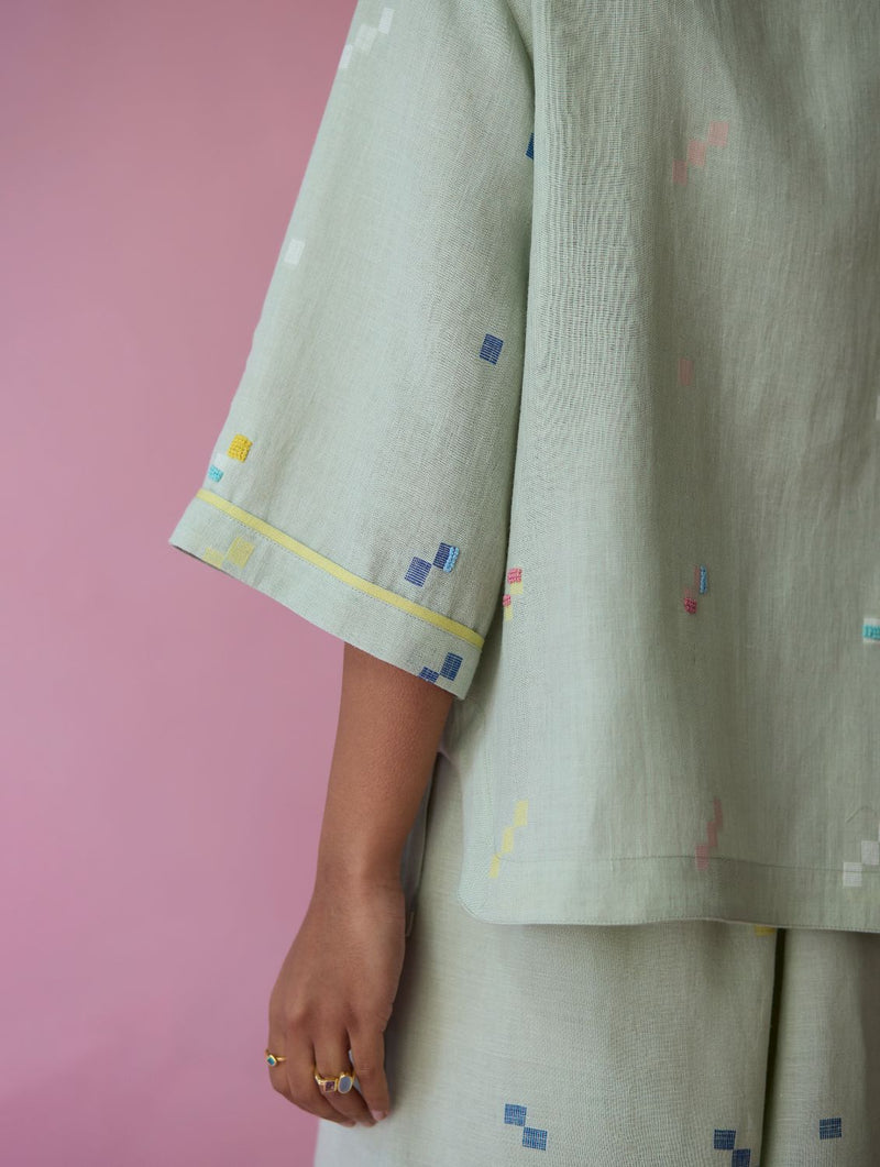 Imri Cuban Collared Jamdani Linen Co-ord Set - Aqua all linen by Manan for women Worldwide