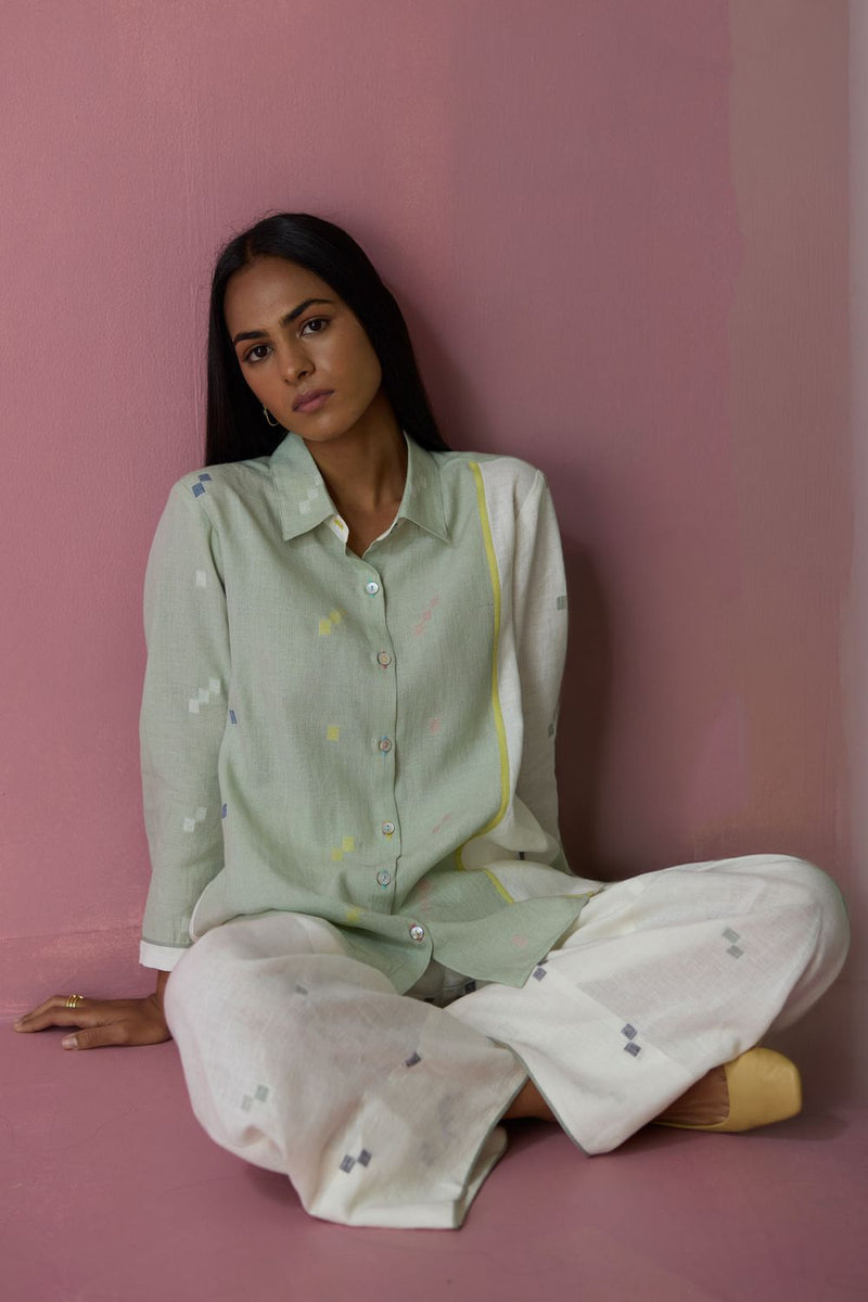 Sela Patchwork Jamdani Linen Shirt all linen by Manan for women Worldwide