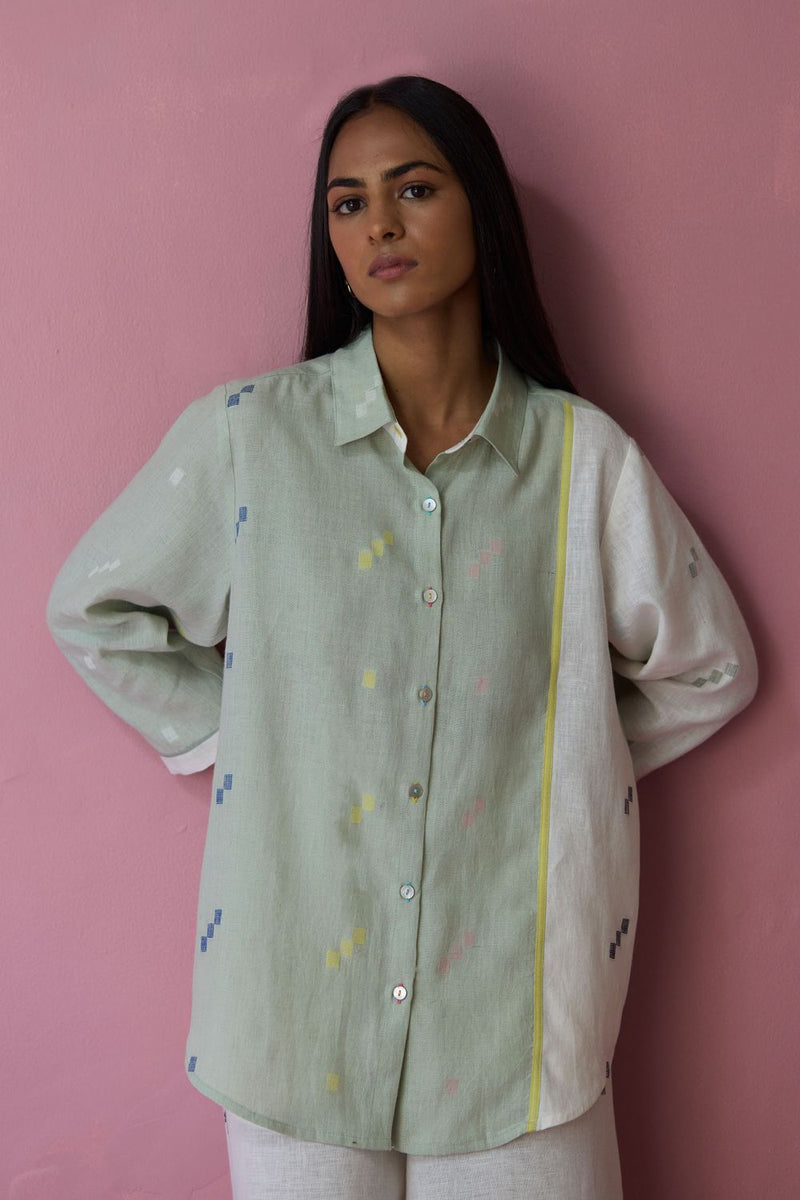 Sela Patchwork Jamdani Linen Shirt all linen by Manan for women Worldwide