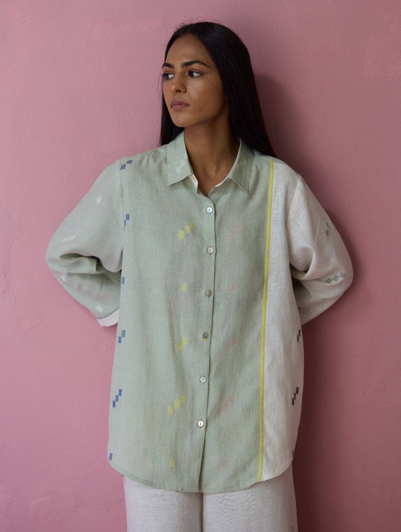 Sela Patchwork Jamdani Linen Shirt all linen by Manan for women Worldwide
