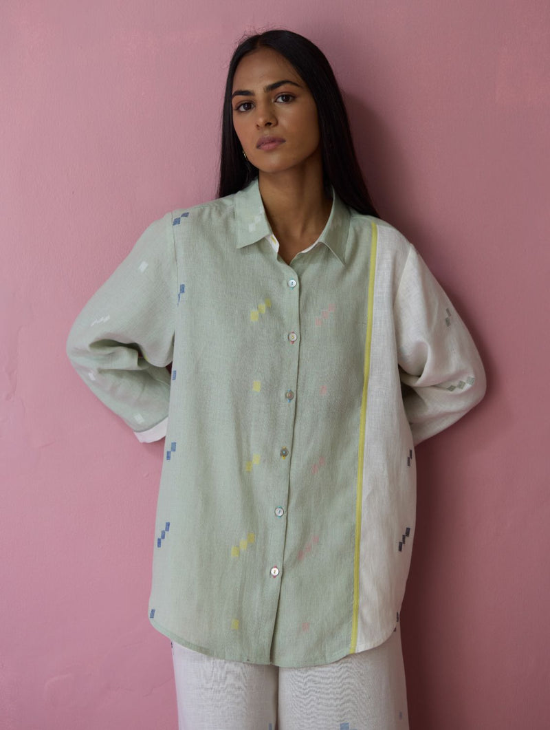 Sela Patchwork Jamdani Linen Shirt all linen by Manan for women Worldwide