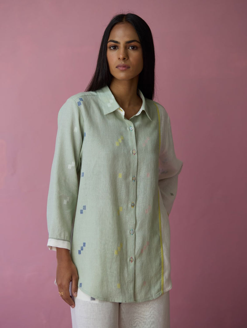 Sela Patchwork Jamdani Linen Shirt all linen by Manan for women Worldwide