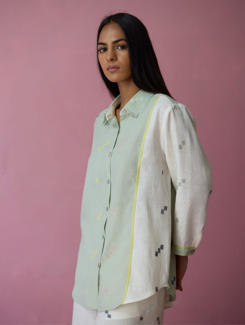 Sela Patchwork Jamdani Linen Shirt all linen by Manan for women Worldwide