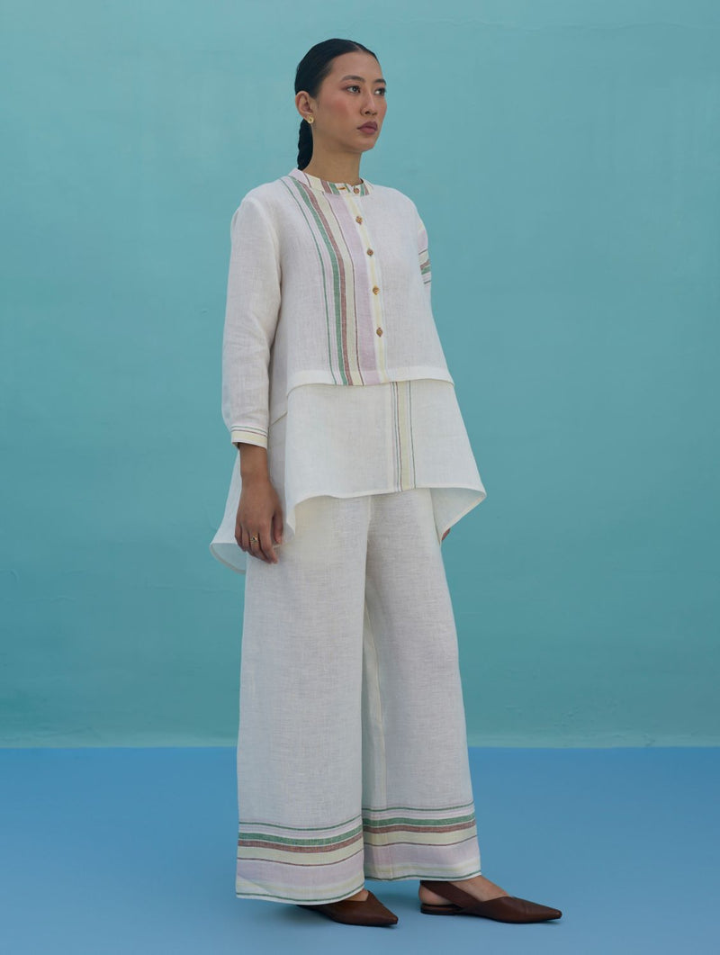 Amaya Border Linen Top - Ivory linen top/shirt by Manan in ivory for women Worldwide